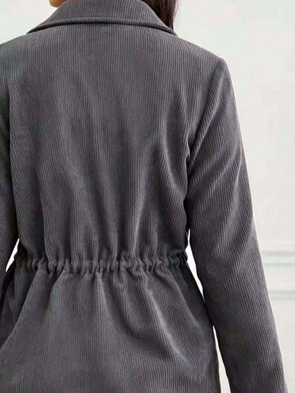Grey Casual Women's Corduroy Shacket with Drawstring Waist and Button-Up Collar - Picture 4 of 4